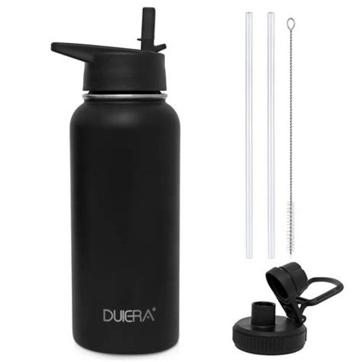 A black water bottle