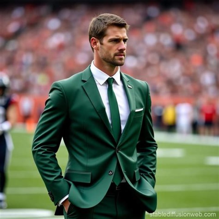 Aaron Rodgers wearing a suit on a red carpet