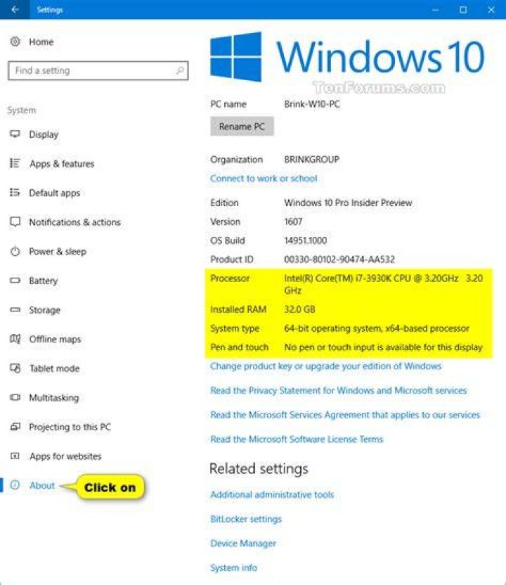 About System Windows 10