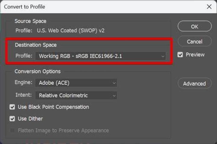 adobe photoshop convert to profile advanced