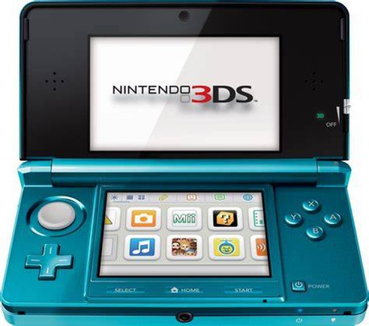 An Aqua Blue Nintendo 3DS Open, Closed and front view
