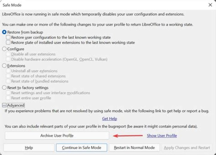 Archive user profile to fix libreoffice not working windows 11