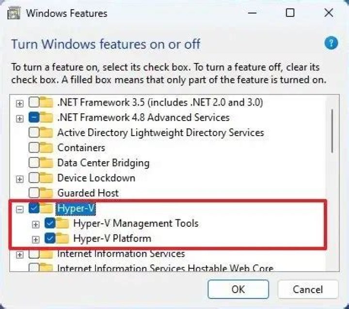 The enable Hyper-V command Enable Hyper-V feature commandVirtual Machine Management is not present on this machine
