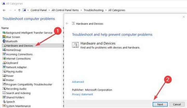 hardware and devices troubleshooter control panel