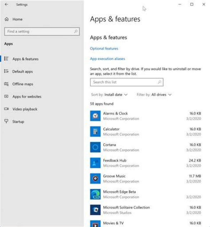 In Settings, open Apps and features.