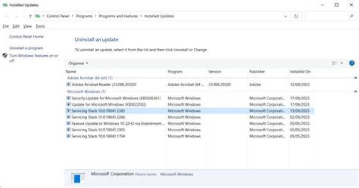 The Installed Updates window Installed Updates window