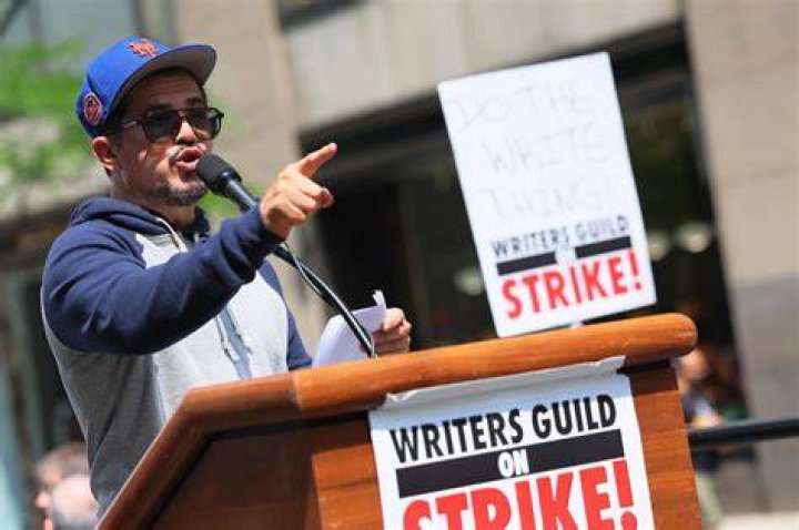 John Leguizamo protests with WGA members in NYC.