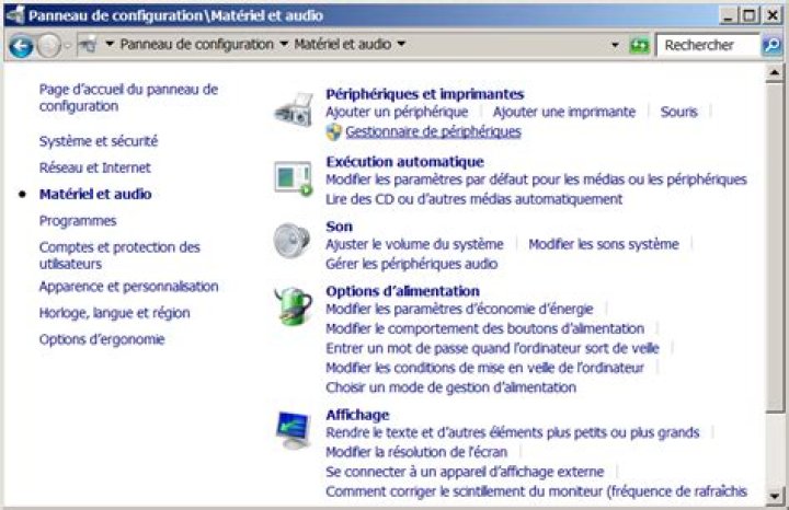 materiel et audio panneau configuration