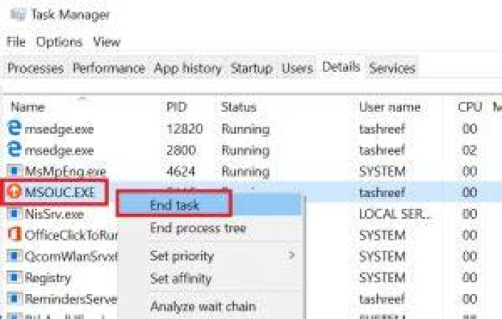 Microsoft Upload - Taks Manager - MSOUC-EXE - End task An error occurred when accessing the Office Document Cache 