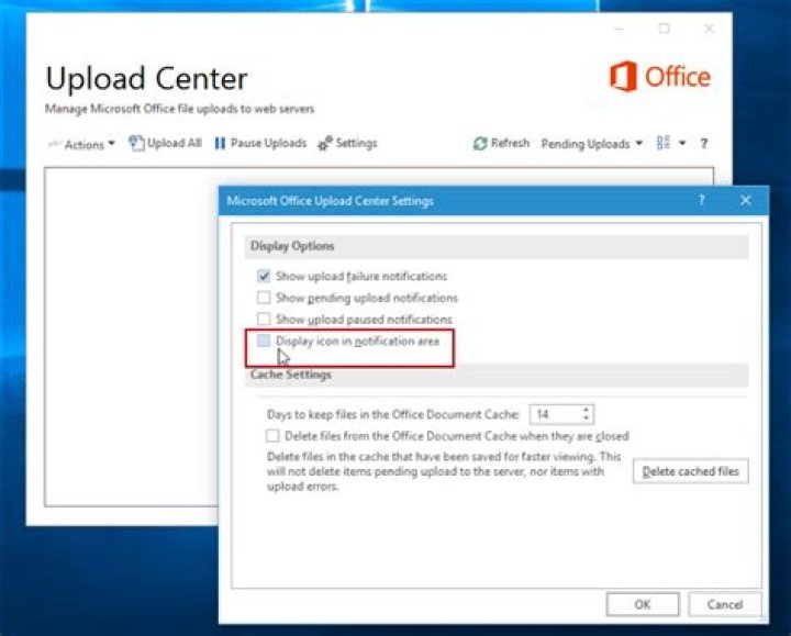 Microsoft Upload Center - Settings An error occurred when accessing the Office Document Cache 