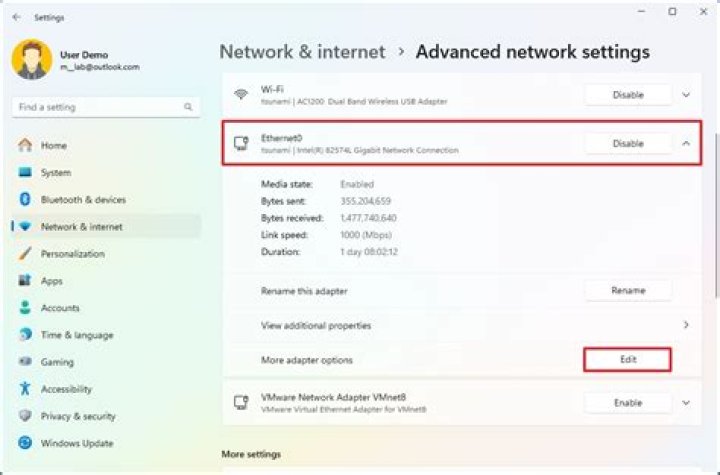 Network Adapter Advanced Settings Change Metric