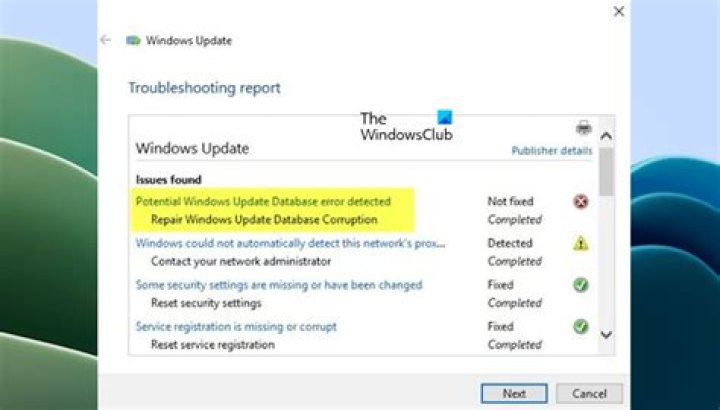 Repair Windows update database corruption failed