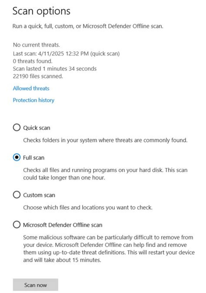 Run full scan to fix reboot loop in Windows 11