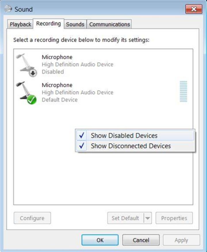 show disabled devices show disabled devices sound window Audio device is disabled on Windows 10