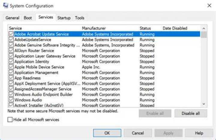 System Configuration - Services - Hide microsoft services