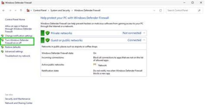 The Turn Windows Defender Firewall on or off option windows 11 vpn not working