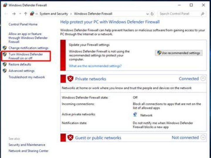 Turn Windows Defender Firewall on or off