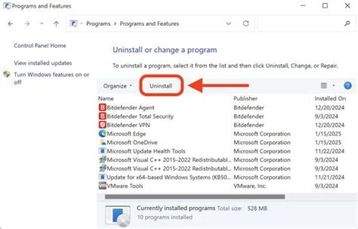 uninstall program control panel windows 10