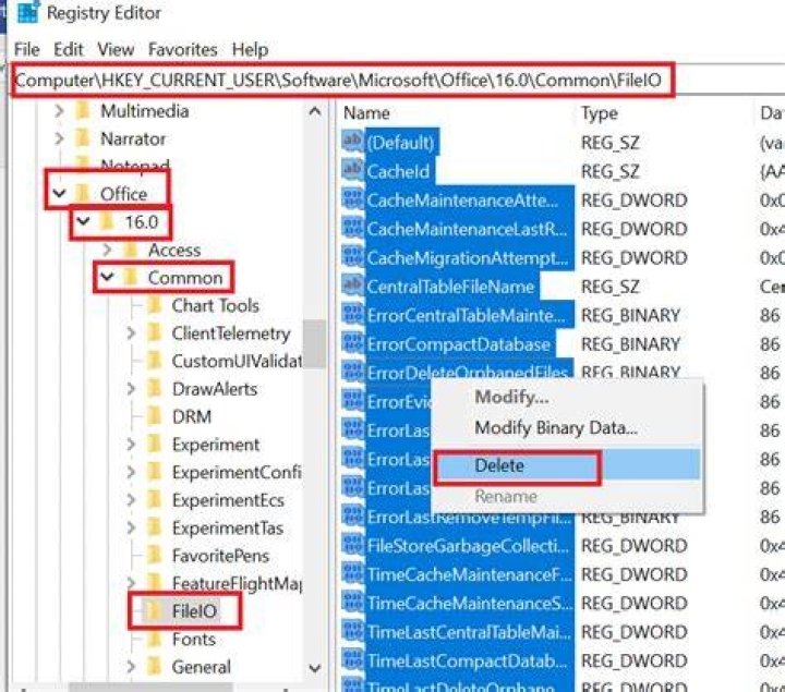Upload Center - delete Registry Keys FileIO An error occurred when accessing the Office Document Cache 