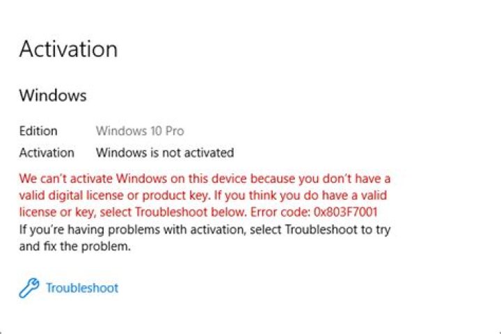 Windows 10 activation error 0x803f7001, 0x8007007b